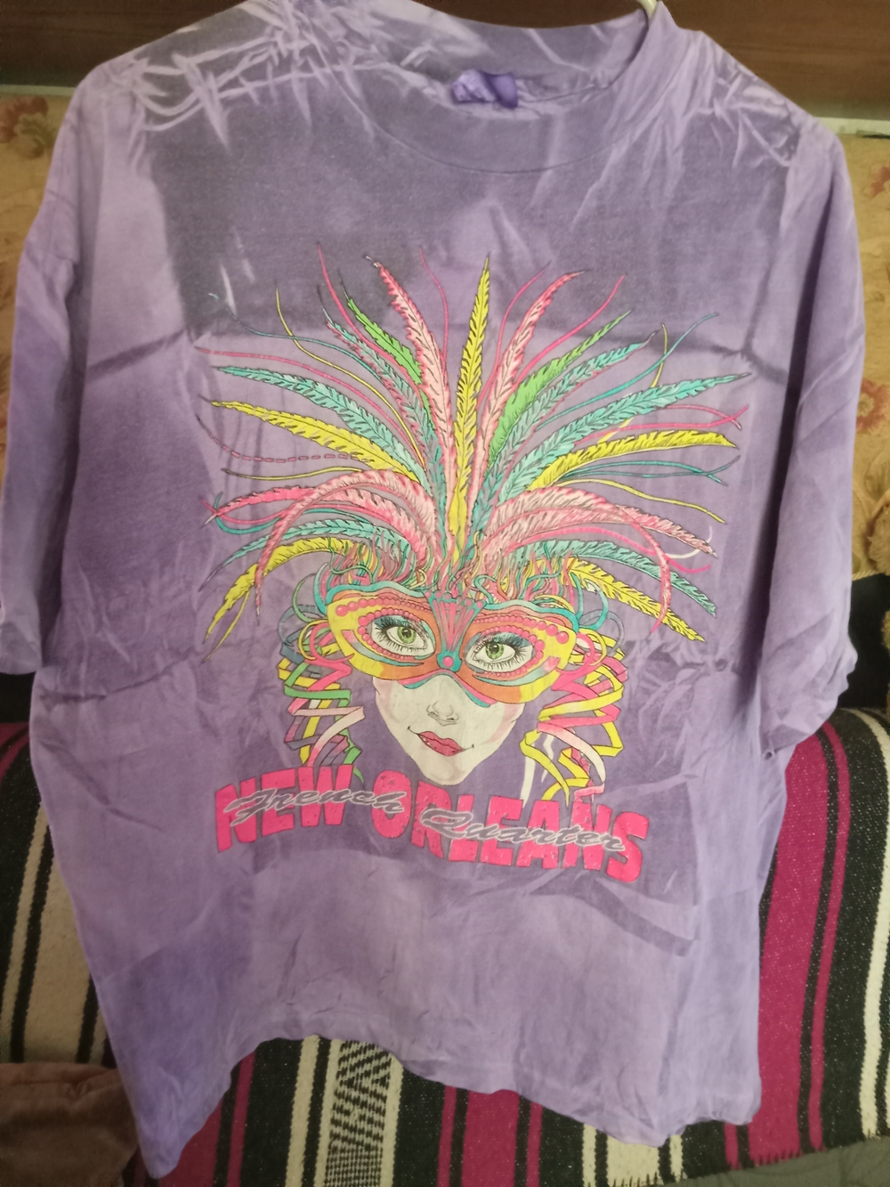 Womens Vintage Purple Graphic T-Shirt with Colorful Mask Print